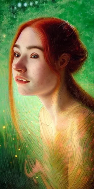 Image similar to infp young woman, smiling, amazed by golden fireflies lights, sitting in the midst of nature fully covered, long loose red hair, intricate linework, green eyes, small nose with freckles, oval shape face, realistic, expressive emotions, dramatic lights mystical scene, hyper realistic ultrafine art by artemisia gentileschi, albert bierstadt, artgerm