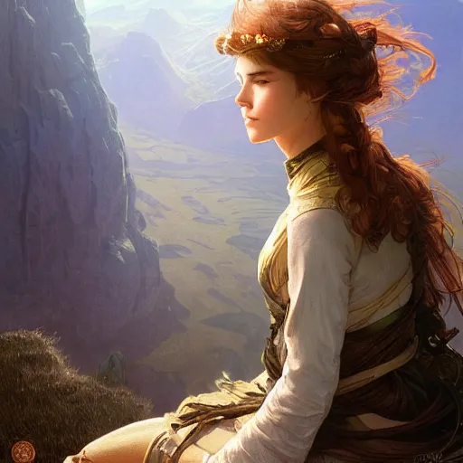 Image similar to a girl sitting on the edge of a mountain, looking at the distance, epic scale, intricate, headshot, highly detailed, digital painting, artstation, concept art, sharp focus, cinematic lighting, illustration, art by artgerm and greg rutkowski, alphonse mucha, cgsociety