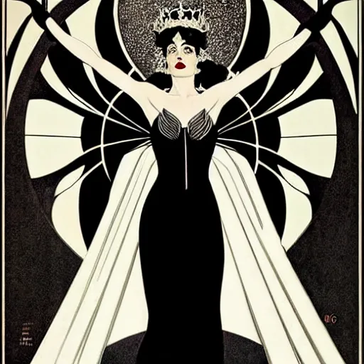 Image similar to black and white portrait of the young actress, eva green as queen of the emerald dead, comic art by joshua middleton, art by coles phillips, vamp, elegant, decadent, stylised comic art, klimt, mucha, 1 9 7 0 s poster,