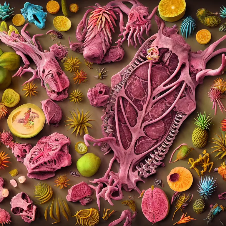 Image similar to symmetrical still life of beautiful pastel tropical alien flowers, exoskeleton, biomechanical cyborg human body parts, tropical fruit, human spine, rotten meat flesh with colorful mold, muscle tissue, spikes, baroque painting, beautiful detailed intricate insanely detailed octane render, 8K artistic photography, photorealistic, chiaroscuro, Raphael, Caravaggio
