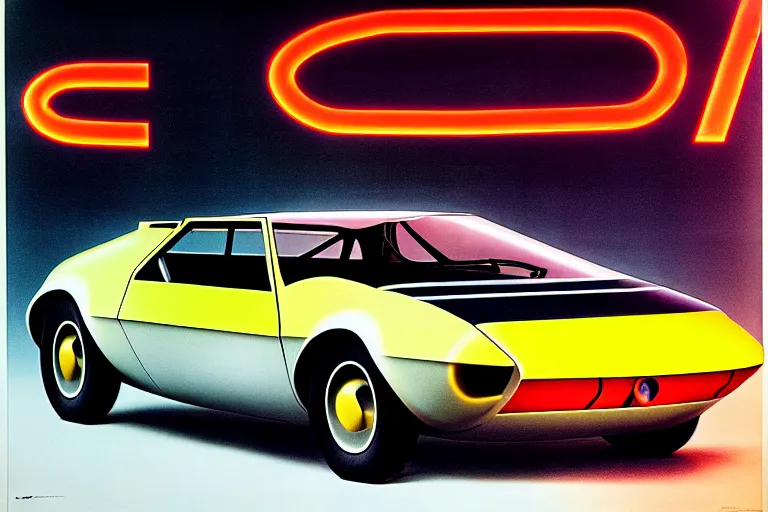 Image similar to designed by giorgetto giugiaro stylized poster of a single 1 9 1 5 amc amx / 3 citroen ds bmw m 1 concept, thick neon lights, ektachrome photograph, volumetric lighting, f 8 aperture, cinematic eastman 5 3 8 4 film