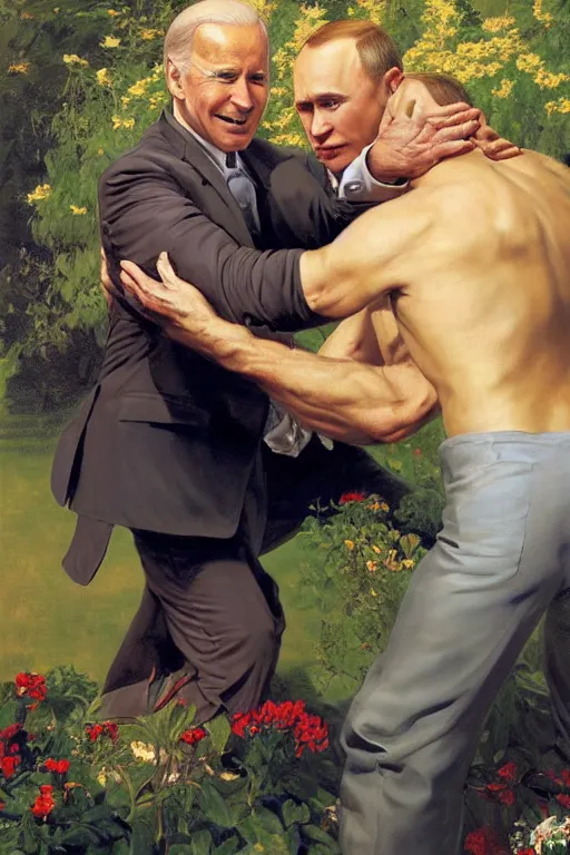 Prompt: Joe Biden wrestling Vladimir Putin, golden hour, in a garden, artstation, by J. C. Leyendecker and Peter Paul Rubens,