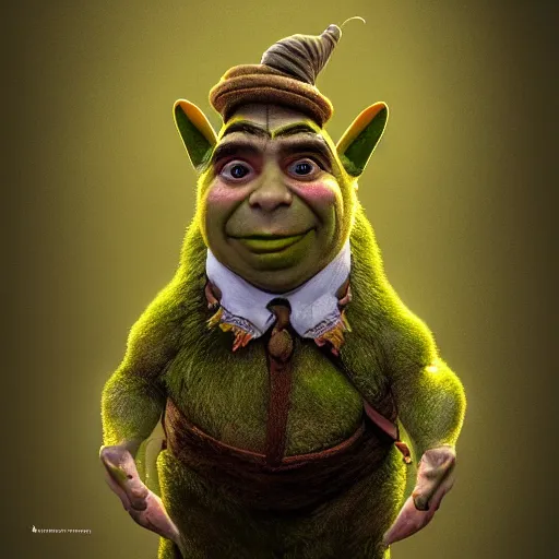 Prompt: Very very very very highly detailed epic central composition photo of Mr Bean as Shrek face, intricate, extremely detailed, digital painting, smooth, sharp focus, illustration, happy lighting, incredible art by Brooke Shaden, artstation, concept art, Octane render in Maya and Houdini