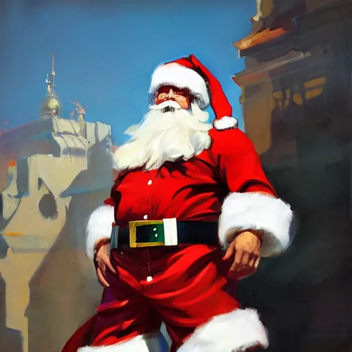 Image similar to greg manchess portrait painting of partially armored santa claus as overwatch character, medium shot, asymmetrical, profile picture, organic painting, sunny day, matte painting, bold shapes, hard edges, street art, trending on artstation, by huang guangjian and gil elvgren and sachin teng