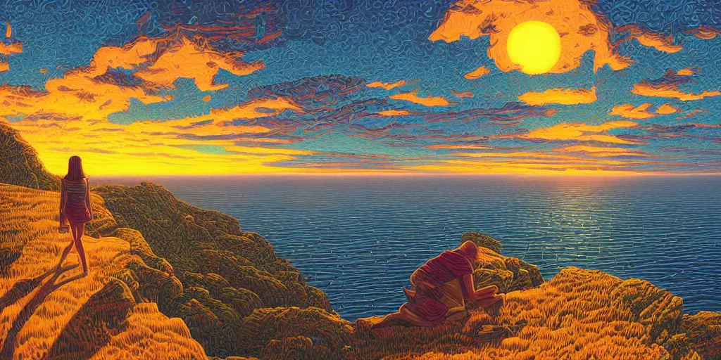 Image similar to epic professional digital art of a lonely street on a cliff over the sea at sunset, by Casey Weldon, dan mumford 8k ultra high definition, upscaled, perfect composition , golden ratio