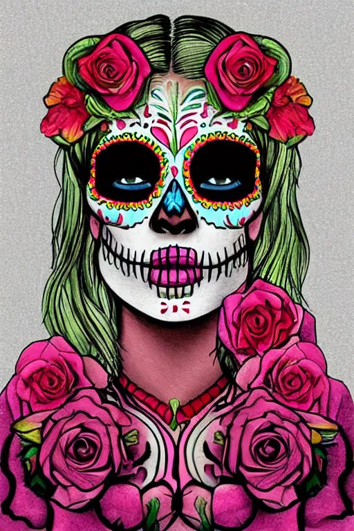 Prompt: illustration of a sugar skull day of the dead girl, art by tom richmond