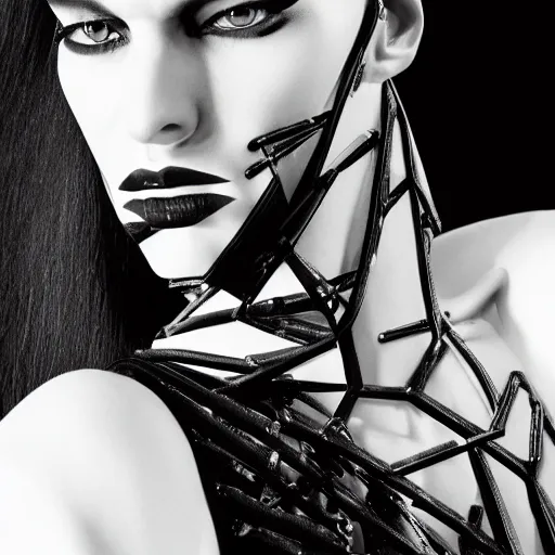 Prompt: close up of face from a fashion model with edgy black Thierry Mugler dress in circuit style, official Thierry Mugler editorial, fall-winter 2015-2016, highly detailed