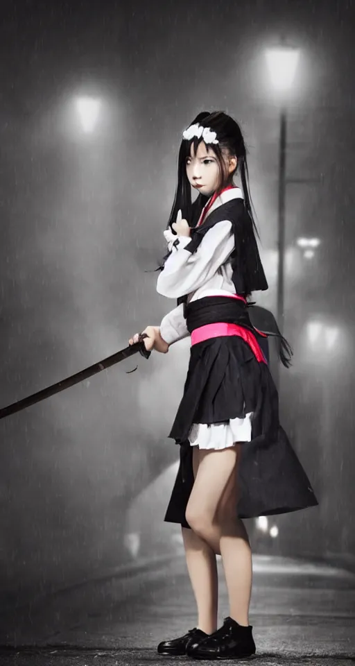 Image similar to sukebon delinquent girl holding a samurai sword threateningly, stubborn facial expression, full body shot, schoolgirl uniform with a very long skirt, professional photography, foggy night on a neon japanese city street