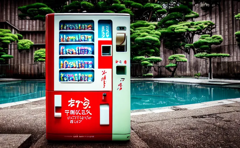 Image similar to photograph of Japanese vending machine in water of abandoned pool, one point perspective, 1-point perspective, tilt shift, sigma 85mm f/1.4, 4k, depth of field, high resolution, 4k, 8k, hd, full color