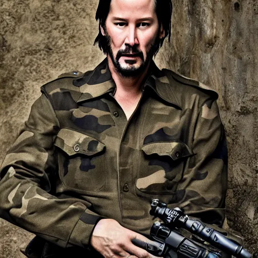 Prompt: keanu reeves wearing military outfit and camouflage cinematic photoshoot high quality highly affordable photo realistic 8 k hd