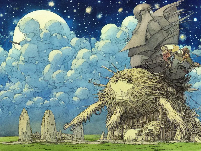 Prompt: hyperrealist studio ghibli watercolor fantasy concept art of an immense starship from howl's moving castle sitting on stonehenge like a stool. it is a misty starry night. by rebecca guay, michael kaluta, charles vess