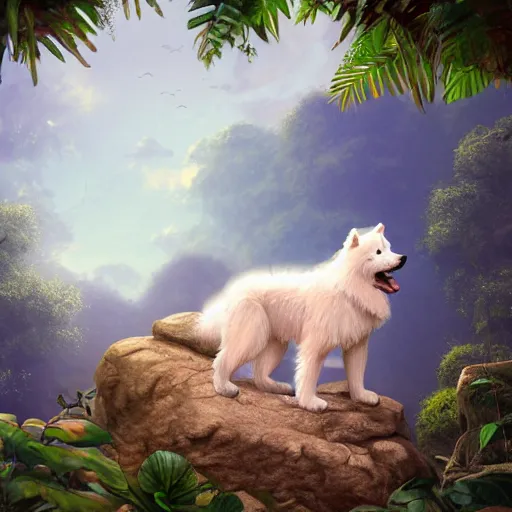 Image similar to a samoyed dog seated on a rock in a jungle!, mist, tropical trees, vines, birds, sunset!, fluffy clouds, warm colors, beautiful lighting, digital art, intricate details, trending on artstation