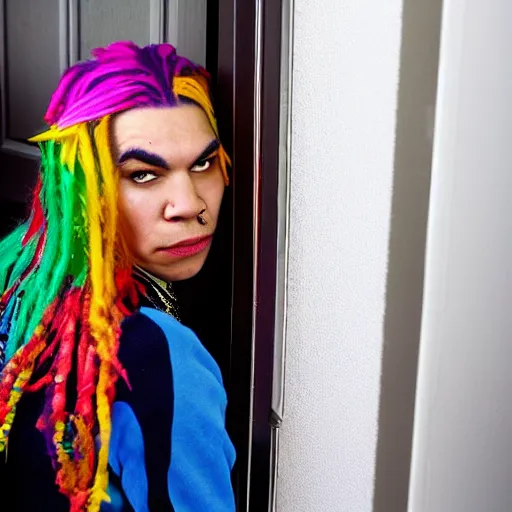 Prompt: paparazzi photo of 6ix9ine leaning against the door of house in the style of 6ix9ine, rainbow colored, jewelry, masterpiece