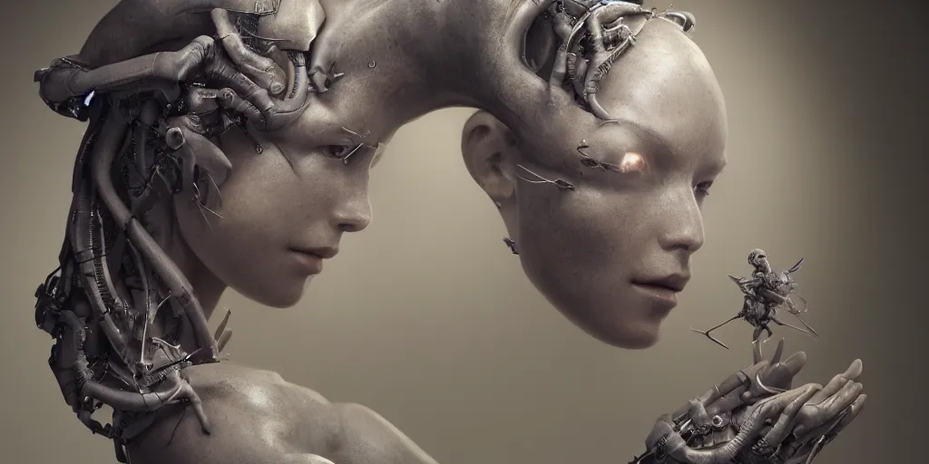 Image similar to the creation of, hyper realistic photography of a beautiful cyborg female, intimate holding close, in the style of beth cavener, jin kagetsu, wlop, highly detailed, intricate filigree, symmetry, masterpiece, concept art, highkey lighting, ambient lighting, octane render, 8 k, artstation