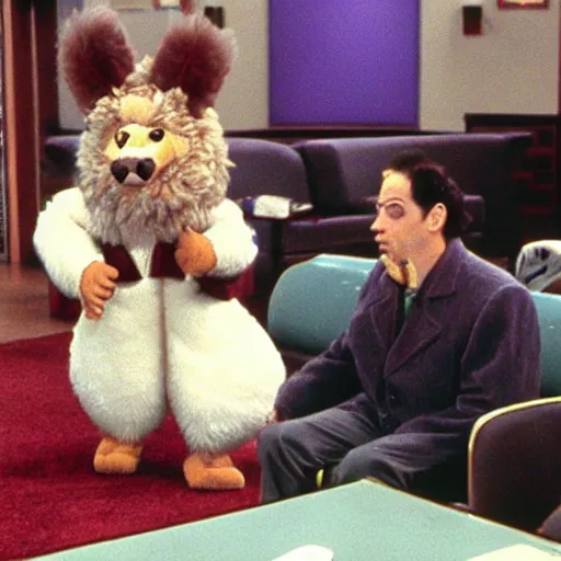 Prompt: That episode of Seinfeld where Kramer accidently ends up at a furry convention and stumbles into the headless lounge right into a very surprised George Costanza, making him drop his fursuit head.