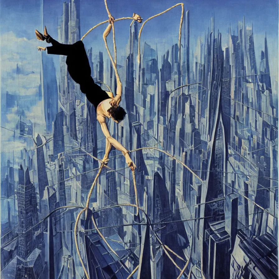 Prompt: surrealist artwork of a tightrope artist walking on a rope in the middle of a metropolis made of giant mirror skyscrapers, viewed from behind. horizontal symmetry. indigo color scheme