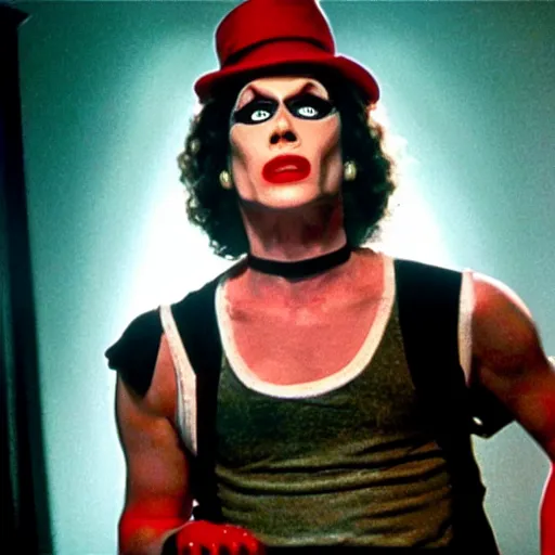 Image similar to Live Action Still of Jerma in The Rocky Horror Picture Show, real life, hyperrealistic, ultra realistic, realistic, highly detailed, epic, HD quality, 8k resolution, body and headshot, film still