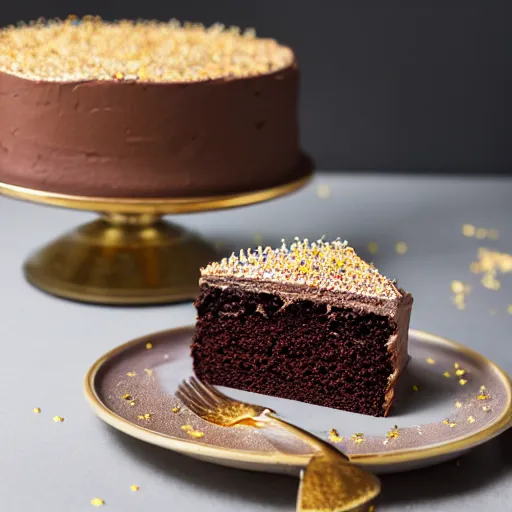 Image similar to a photo of the most delicious chocolate cake mankind has ever seen, gold sprinkles, studio lighting, 8 0 mm lens, ultra detailed, hyper realistic, realistic materials