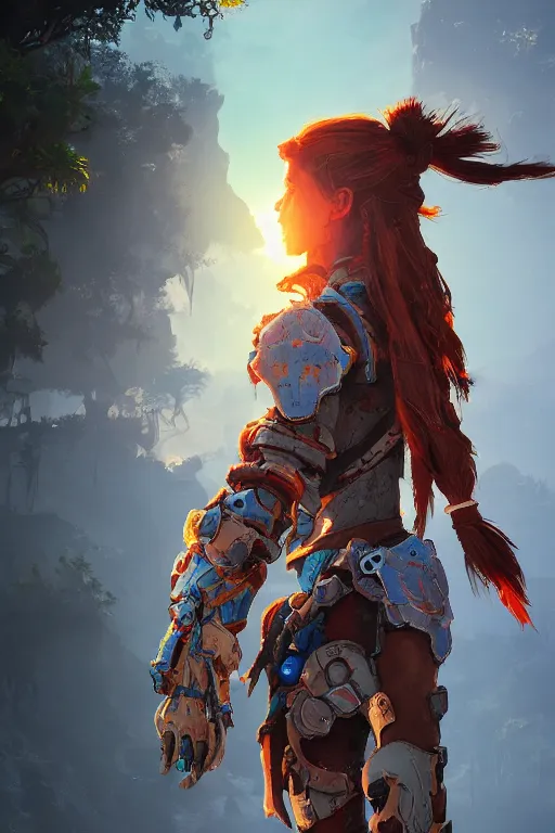 Image similar to combination suit armor aloy horizon forbidden west horizon zero dawn radiating a glowing aura global illumination ray tracing hdr fanart arstation by ian pesty and alena aenami artworks in 4 k tribal robot ninja mask helmet backpack