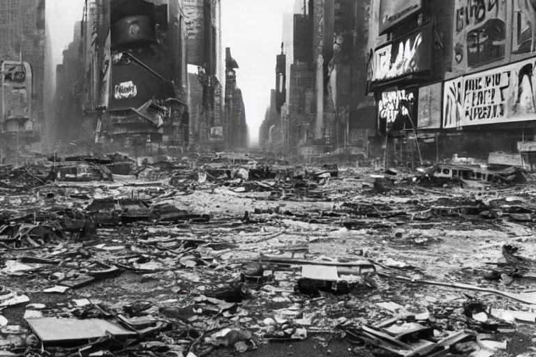 Image similar to photo of an destroyed times square after a nuclear attack, thunderstorm, desolate, 8 k, uhd, artstation, award winning