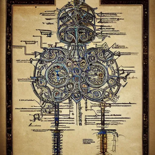 Image similar to schematic blueprint of highly detailed ornate filigreed convoluted ornamented elaborate medical equipment, art by da vinci