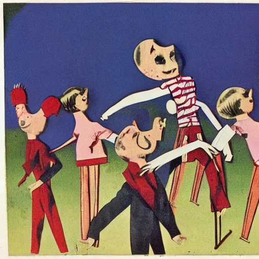 Image similar to marionettes dance so wildly with such great abandon, 1960s children book illustration