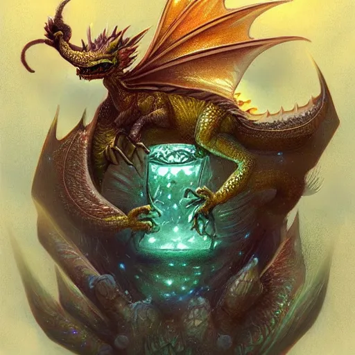 Image similar to a hyperrealistic illustration of a cute and tiny dragon that glows in the dark, dragon baby, glow in the dark, fractal moonlight, little dragon with glowing scales, award - winning, masterpiece, in the style of tom bagshaw, cedric peyravernay, peter mohrbacher