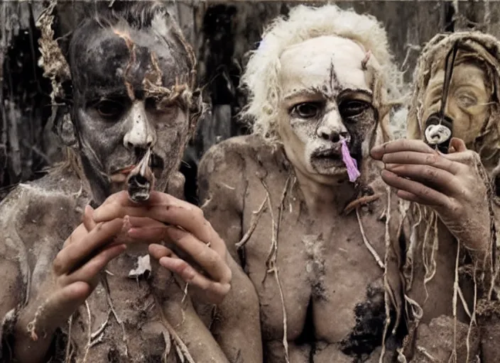 Image similar to sensual scene from art house film by alejandro jodorowsky, roger ballen : : surreal scene of an occult ritual in a picturesque outdoors setting : : mirrors, ashes, new guinea mud man, costumes, snakes, smoke, burned dolls : : close - up of the actors'faces : : technicolor, 8 k