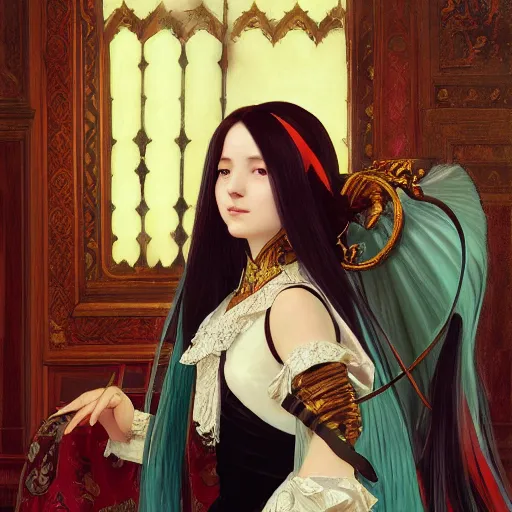 Prompt: a beautiful portrait of hatsune miku with long black and deep red colored hair dressed as a 1 st century european noblewoman, intricate, elegant, highly detailed, digital painting, artstation, concept art, matte, sharp focus, illustration, art by greg rutkowski and alphonse mucha