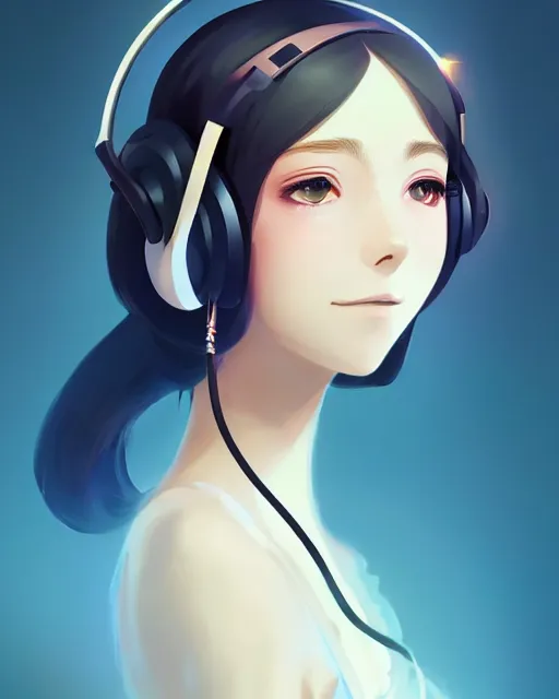 Image similar to Portrait of an elegant woman with headphones in a warm glowing scenery, sunset, fantasy, anime, intricate sparkling atmosphere, artstation, hosada, studio ghibli, artgerm