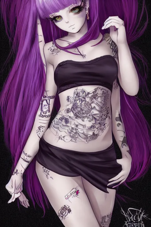 Prompt: kerli koiv anime goth girl with tattoos purple hair in mini skirt and crop top intricate, full body, extremely detailed, artstation, 8 k, sensual lighting, incredible art, wlop, artgerm
