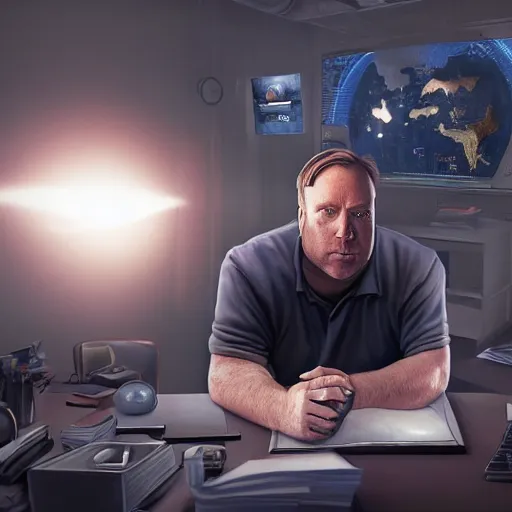 Prompt: hyperrealistic mixed media image of info wars alex jones at desk wearing tin foil hat, stunning 3 d render inspired art by xiang duan and thomas eakes and greg rutkowski, perfect facial symmetry, hyper realistic texture, realistic, highly detailed attributes and atmosphere, dim volumetric cinematic lighting, 8 k octane detailed render, post - processing, masterpiece,