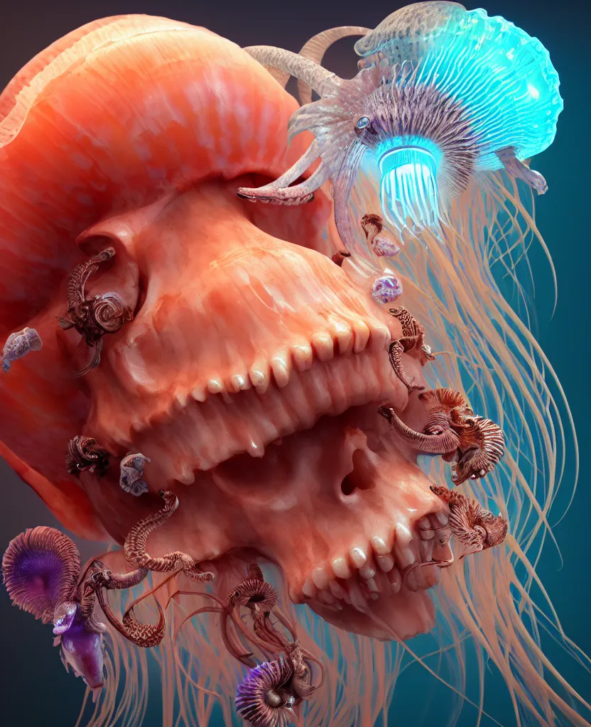 Image similar to goddess princess face close-up portrait ram skull. jellyfish phoenix head, nautilus, orchid, skull, betta fish, bioluminiscent creatures, intricate artwork by Tooth Wu and wlop and beeple. octane render, trending on artstation, greg rutkowski very coherent symmetrical artwork. cinematic, hyper realism, high detail, octane render, 8k