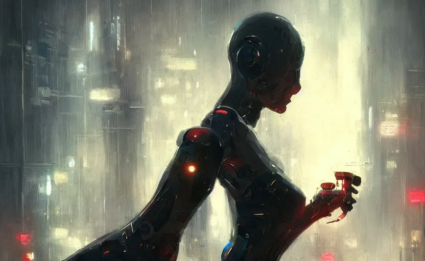 Image similar to a painting of a sensual robot from metropolis trending on artstation in the style of greg rutkowski, blade runner, cyberpunk