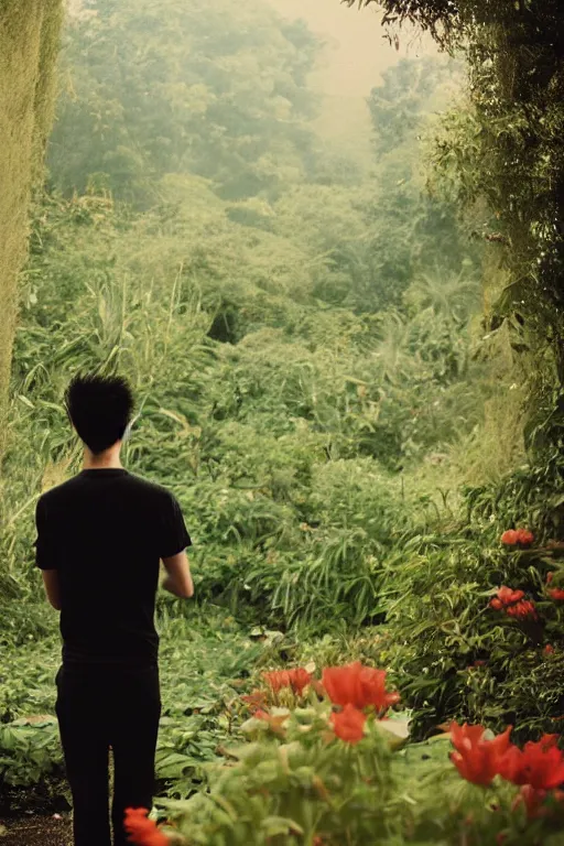 Prompt: kodak color plus 2 0 0 photograph of a skinny goth guy looking at beautiful exotic garden scenery, back view, grain, moody lighting, moody aesthetic,