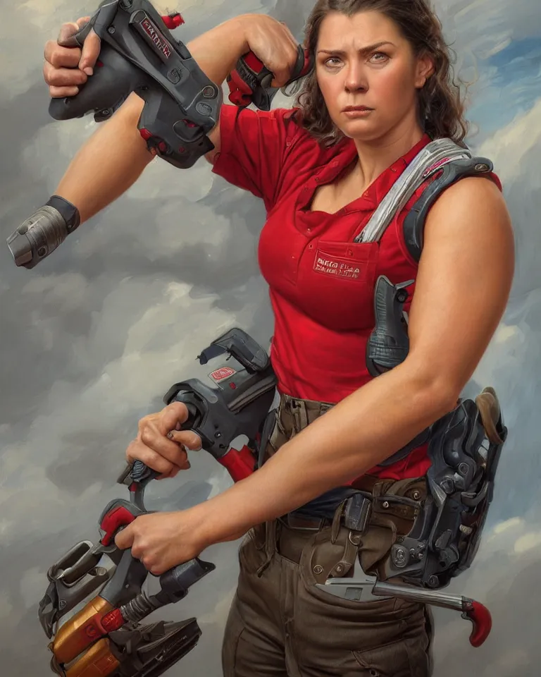 Image similar to epic portrait a slightly muscular woman wearing short sleeved uniform and carrying a red power tool drill, detailed, centered, digital painting, artstation, concept art, donato giancola, Joseph Christian Leyendecker, WLOP, Boris Vallejo, Breathtaking, 8k resolution, extremely detailed, beautiful, establishing shot, artistic, hyperrealistic, beautiful face, octane render