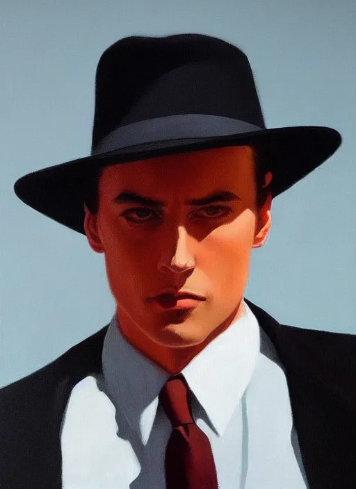 Image similar to a portrait of an elegant man in an expensive suit wearing a hat highly detailed, dramatic lighting, intense shadows, rich deep colours, by jack vettriano