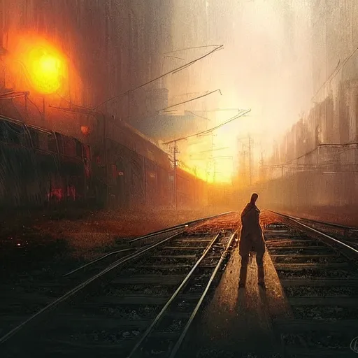 Prompt: a train driving trough dystopian hellscape, long shot, lumnious, magical, atmospheric, urban concept art, backlighting, by greg rutkowski *, martin mottet, maya takamura, and william turner