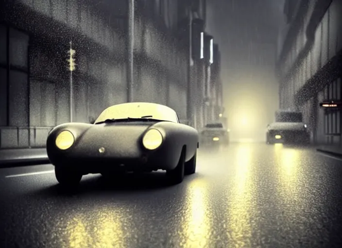 Prompt: beautiful extreme photo in style of frontiers rendered in octane 3d , stunning, coherent, beautiful painting, still of a Mysterious figure swings a heavy sledgehammer at a silver Porsche 550 with its headlights on, parked on the side of the road in the city of Cologne in the rain, by George Tooker, moody, ominous, lighting, hyper-realistic, , Edward Hopper and James Gilleard, Zdzislaw Beksinski, Steven Outram, highly detailedrich deep colors. rich deep colors. Beksinski painting, art by Takato Yamamoto , Wayne Barlowe. masterpiece. rendered in blender, ultra realistic, smooth shading, ultra detailed, high resolution, cinematic, unreal 6