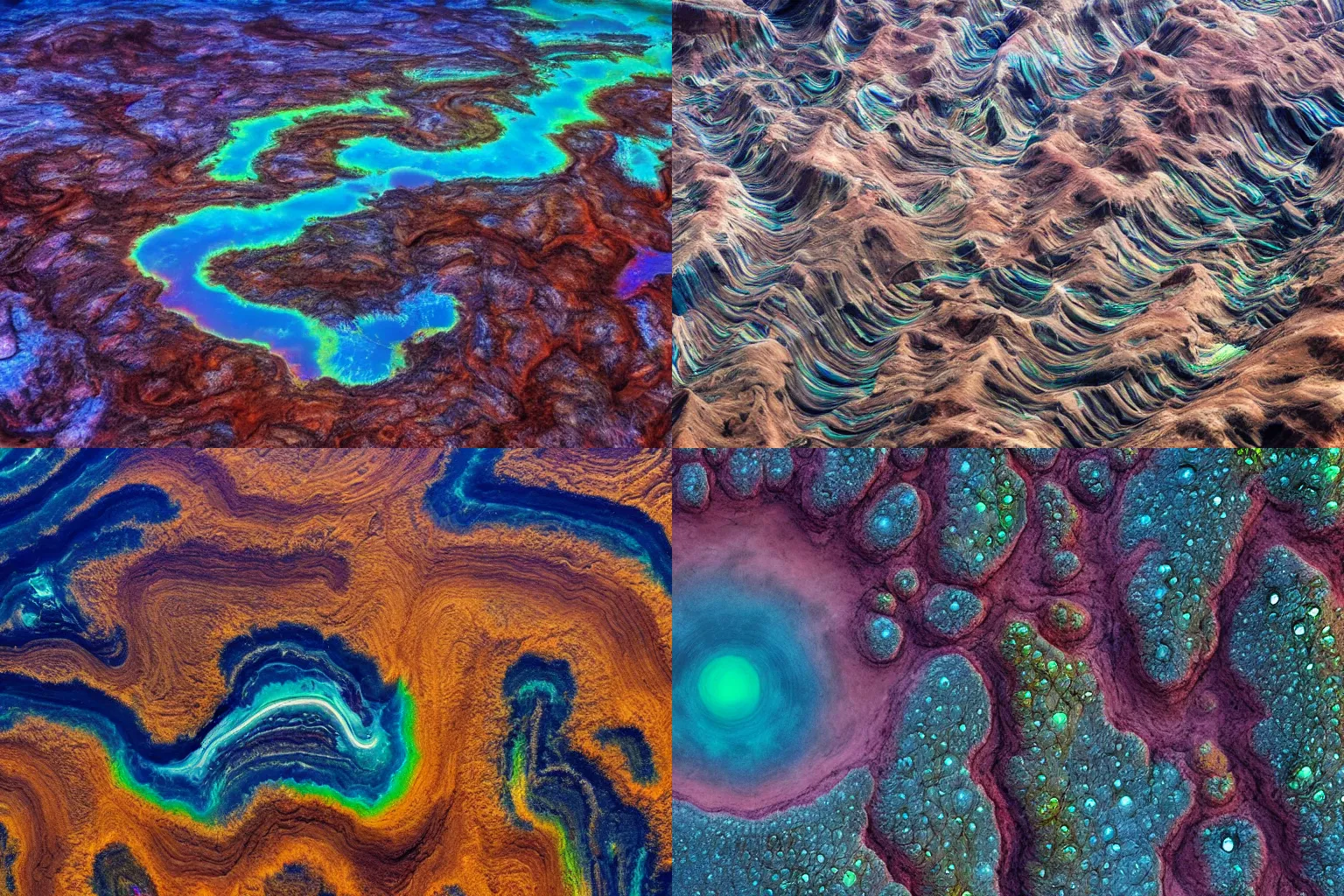 Prompt: aerial view of an alien world, huge canyons, bizarre geographical features, iridescent clouds, ferrofluid oceans