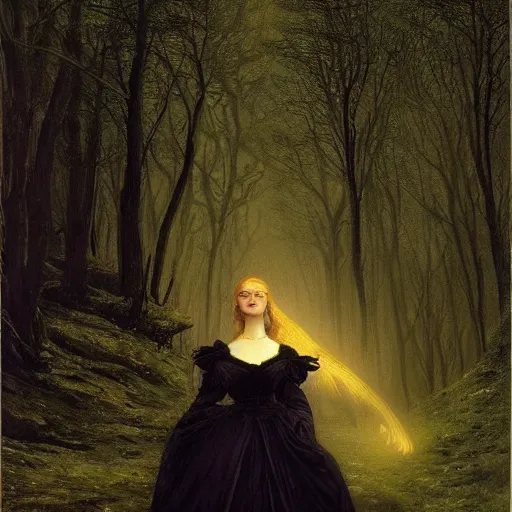 Image similar to A beautiful victorian woman, night, gothic dress, flowing hair, oil painting, portrait, magical forest, , glow, dramatic lighting, dramatic light, masterpiece, high detail, long shadow, amazing composition, detailed, painted by Caspar David Friedrich