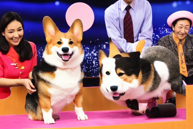 Prompt: A japanese gameshow with a corgi contestant doing acrobatic stunts