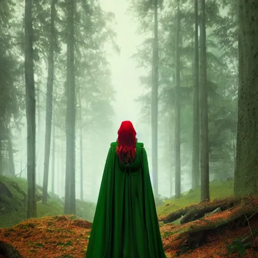 Image similar to epic portrait an beautiful woman wearing green cape with a hood on, armor, goddess, wet flowing red hair, forest blurry backround, broad light, ambient occlusion, volumetric light effect, made by ivan aivazovsky, peter mohrbacher, greg rutkowski, matte painting, trending on artstation, 4 k, perfectly defined features, digital painting,