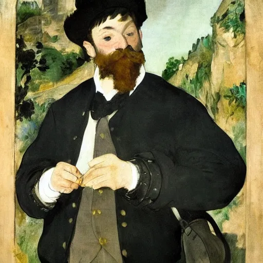 Prompt: A traveling merchant with a huge backpack full of wares. Fantasy, painted by Manet, portrait.