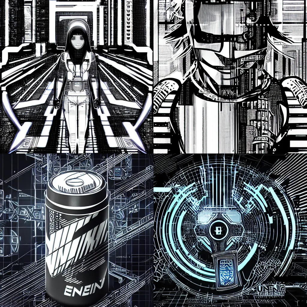 Prompt: netrunner drinking energy drink, cyberpunk, futuristic, sumai-e artstyle, monochrome filter