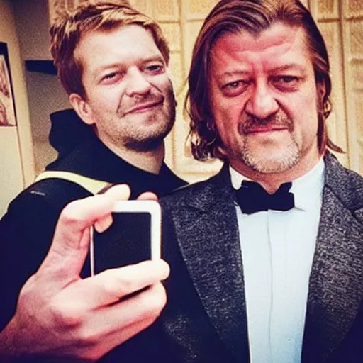 Prompt: “Joffrey Baratheon, taking a selfie with Ned Stark”