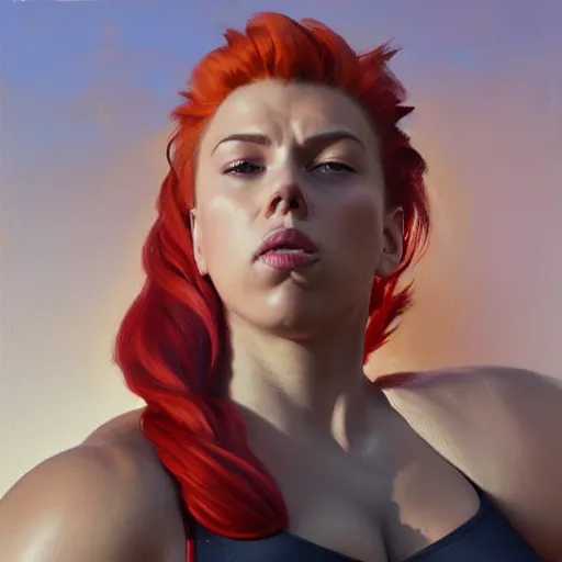 Image similar to greg manchess portrait of sleeping thick muscular weightlifter zarya from overwatch with ponytail and red hair played by scarlett johansson, medium shot, asymmetrical, profile picture, organic painting, sunny day, matte painting, bold shapes, hard edges, street art, trending on artstation, by huang guangjian and gil elvgren and sachin teng