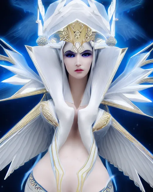 Image similar to perfect white haired egyptian goddess wearing white dove wings, warframe armor, regal, attractive, ornate, sultry, beautiful, ice queen, half asian, pretty face, blue eyes, detailed, scifi platform, 4 k, ultra realistic, volumetric lighting, illuminated, cinematic, masterpiece, art by akihito tsukushi, voidstar