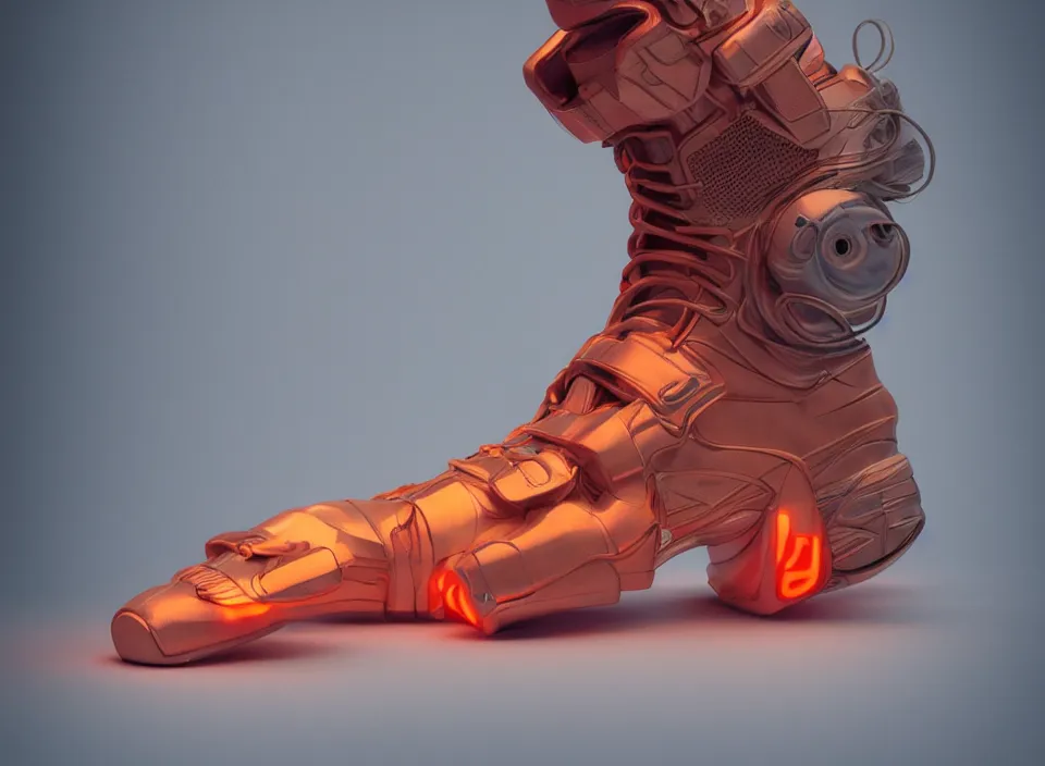 Prompt: realistic 8 k sculpture of 1 futuristic sneaker with neon illuminated rubber soles and soft orange shoelaces on a textured grey surface, clean 3 d render, beautiful studio lighting, soft, sharp focus, cyberpunk, intricate detail, gold and red accents, soft rubber, octane render, trending on artstation, deviantart, art by syd mead