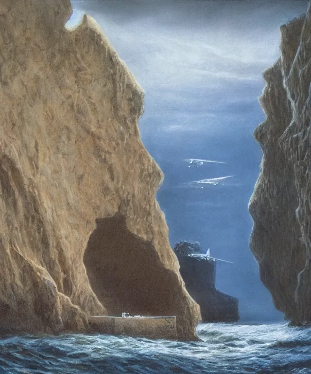 Image similar to photorealistic painting of a 1 9 2 5 seiner sailing near a short tropical cliff with the mouth of a sea cave at the waterline, dark, brooding, atmospheric, lovecraft, horror, smooth, epic, highly detailed, cinematic, by robert bateman